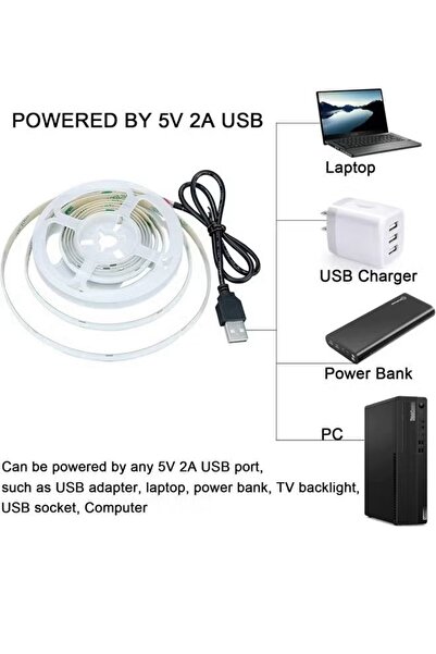 Generic 2M COB LED Strip Light Ice Blue Tape Light USB Under Cabinet Light 5V Home Decor TV Backlight