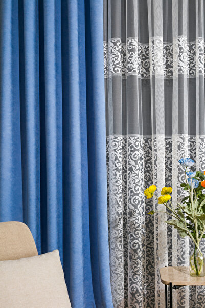 LUNETT HOME Baby Blue Color Island Velvet Crinkled (1X3) Pleated Background Curtain Single Panel V9246