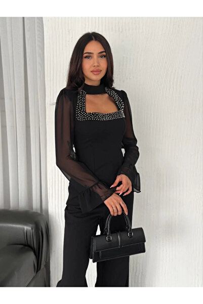 civetta Combed Cotton Long Sleeve Women's Sleeves Chiffon Blouse with Pearl Bead Detail on the Chest - Black