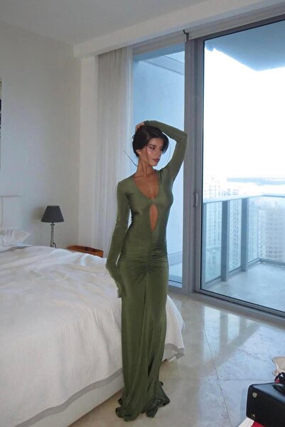 theanemos Haki Drapeli Uzun Elbise