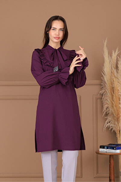 Central Of Moda Asil Tesettür Tek Tunik & Taş Detaylı, Kravatlı, Yırtmaçlı