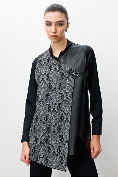 Moda İlgi Modailgi Deri Kumaş Garnili Klapa Kapamalı Asimetrik Jakar Yelek Siyah