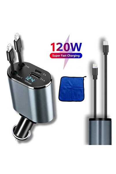 OEM Car Charger Fast Charging 4 in 1, 120W Power Delivery, Retractable Type-C & Lightning Cable