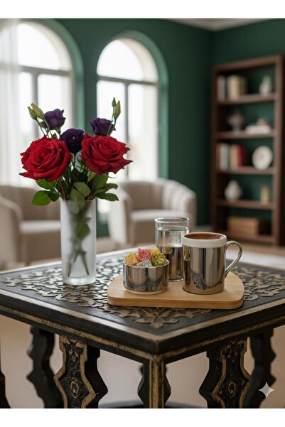 grimorlife 6-Person Silver Porcelain Turkish Coffee Cup Presentation Set with Bamboo Tray-Cup Set