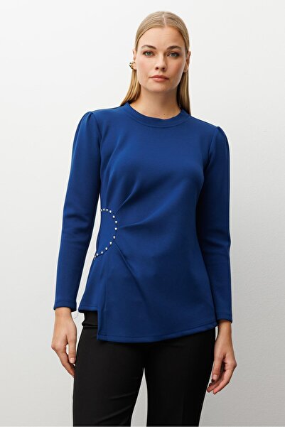 Moda İlgi Modailgi İnci Detaylı Pileli Sıfır Yaka Örme Bluz İndigo