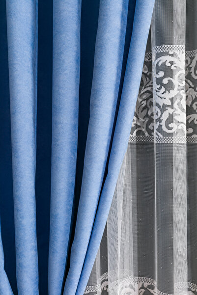 LUNETT HOME Baby Blue Color Island Velvet Crinkled (1X3) Pleated Background Curtain Single Panel V9246