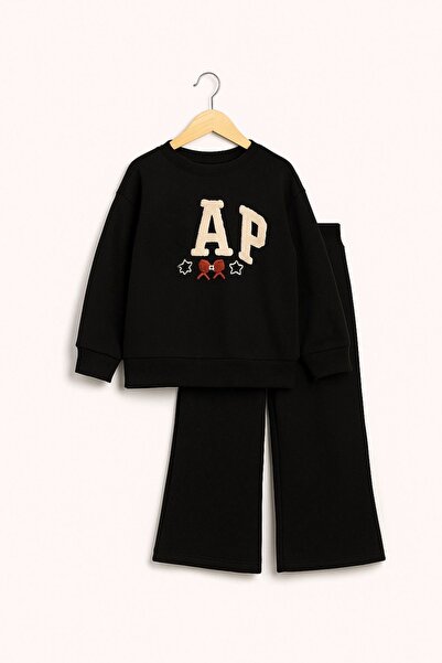 nazarbebe Set de pantaloni de sport negri cu broderie pentru fete tricou și p...