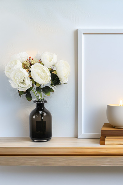 Yapay Çiçek Deposu Artificial Flower 9-Piece Garnished Peony Rose Bouquet 40 cm White