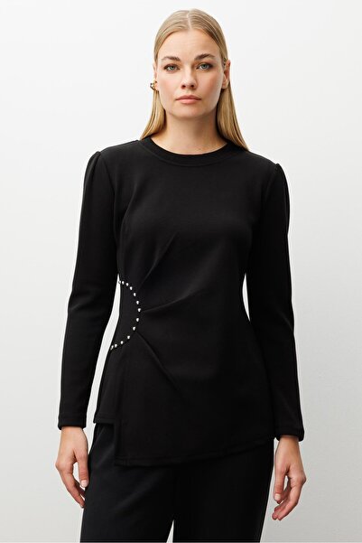 Moda İlgi Modailgi İnci Detaylı Pileli Sıfır Yaka Örme Bluz Siyah