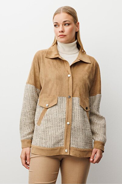 Moda İlgi Modailgi Tüvit Kumaş Garnili Düşük Kol Oversize Yandan Cepli Süet Tunik Vizon