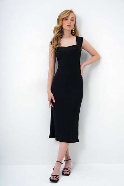 Trend Alaçatı Stili Kadın Siyah Kare Yaka Dokulu Maxi Boy Kolsuz Elbise ALC-X14168