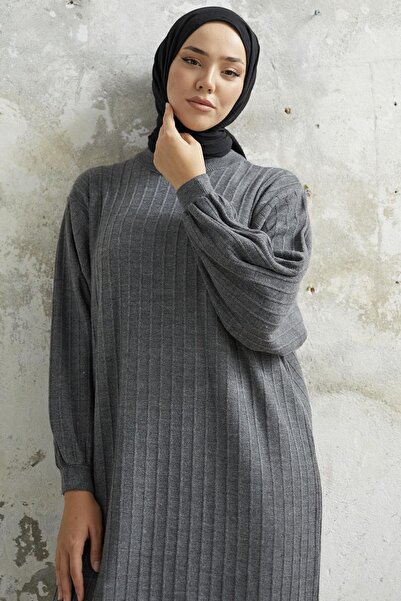 NEW DAĞ Women's Vertical Patterned Balloon Sleeve Knitwear Dress