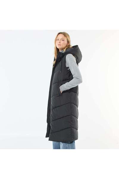 KİABİ Long Sleeveless Padded Jacket with Hood BLACK