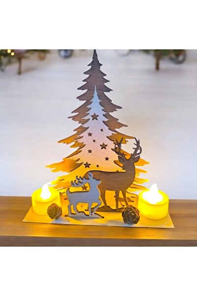 Hayaller Dükkanı Wooden Tabletop Christmas Decoration with Lighted Tealight C...