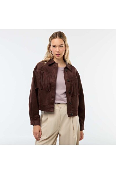 KİABİ Faux Suede Fringe Cropped Jacket BROWN