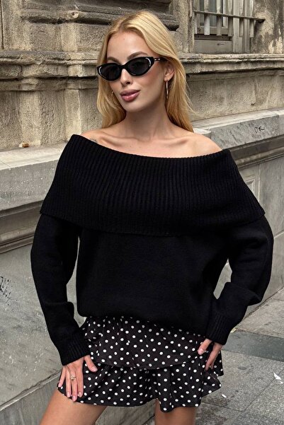 VAGGON Women's Black Madonna Collar Long Sleeve Knitwear Dress Vs01542