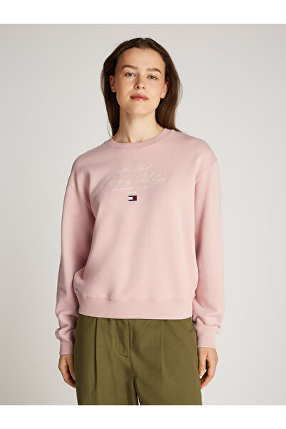 Tommy Hilfiger Women Foggy Pink Modern Regular Varsity Crew Neck Hoodie