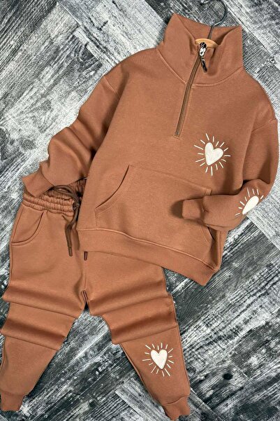 Riccotarz Girl's Heart Emoji Printed Kangaroo Pocket Zippered Sweat Brown Tracksuit Set