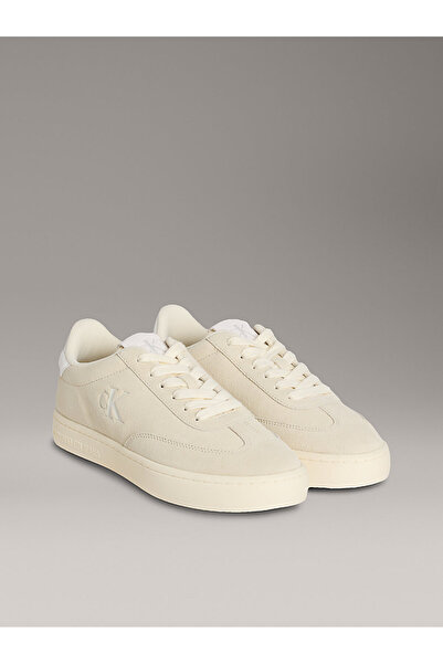Calvin Klein Kadın Deri Bağlamalı Düz Taban Yuvarlak Burun Ck Desenli Bej Sneaker YW0YW01767-AD6