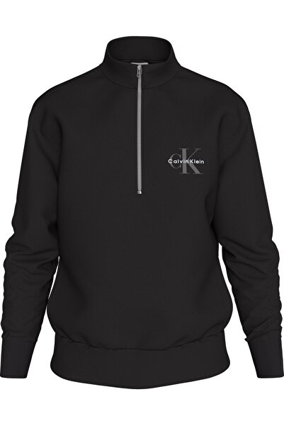 Calvin Klein Erkek Rahat Kalıp %100 Pamuklu Göğüste CK Logolu Yarım Fermuarlı Siyah Sweatshirt LV04RD244G-UB1