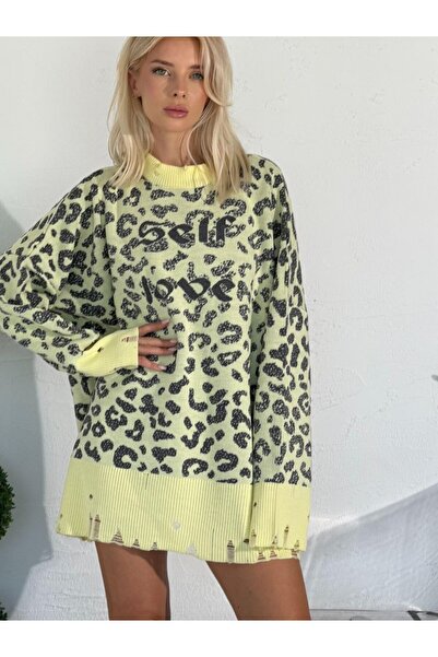 Homay Kadın Leopar Desenli Oversize Triko Kazak Rahat Kalıp Uzun Kollu