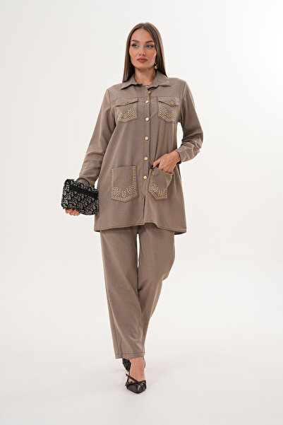 EL jadida Women's Stone Embellished Shirt Set