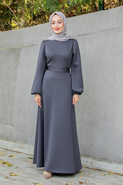 Tesettür Çarşım Luvi Pufy Dalgıç Balon Kollu Elbise-Antrasit