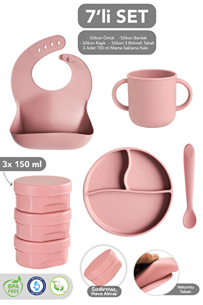 Meleni Baby 7'li Silikon Beslenme Seti- Mama Önlüğü Vakumlu Tabak Bardak Diş Kaşıyıcı Kaşık Atıştırma Kabı Pembe