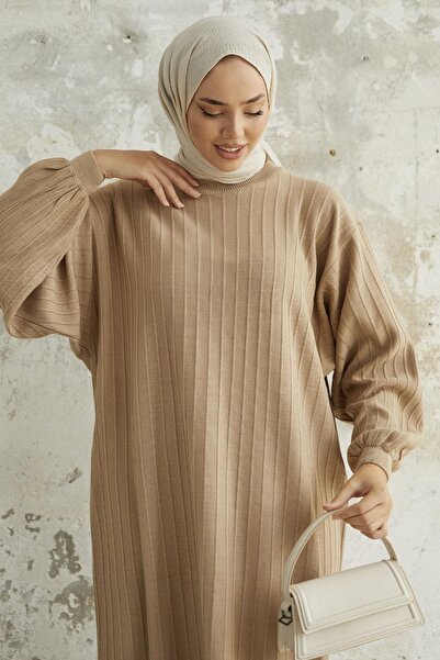 NEW DAĞ Γυναικείο πλεκτό φόρεμα με κάθετο σχέδιο με μανίκια μπαλόνι