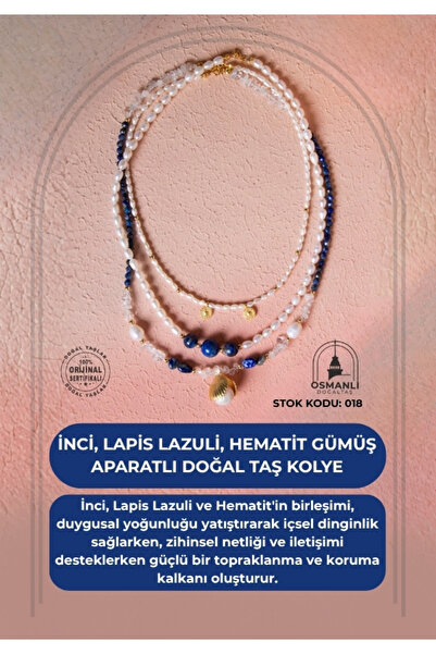 OSMANLI DOĞAL TAŞ Certified Pearl, Lapis Lazuli, Hematite Natural Stone Necklace with Silver Apparatus (Sk:018)