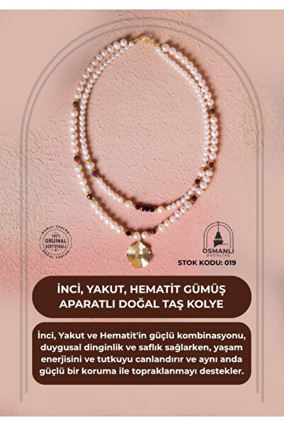OSMANLI DOĞAL TAŞ Certified Pearl, Ruby, Hematite Natural Stone Necklace with Silver Apparatus (Sk:019)