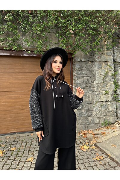 cemo Women's Black Sequined Sleeve Detailed Long Tunic Sweater Half Zipper Loose Fit