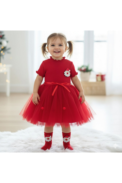 kokosh _ kidss burcu sapmaz Girl's new year's christmas santa claus red dress and stocking set