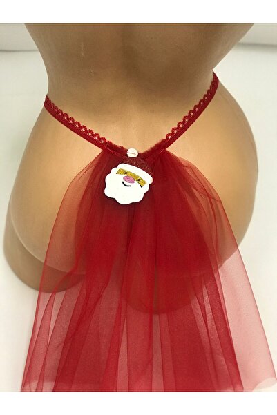 NSMLİFE Christmas, New Year's Gift, Women's Red Lace Tulle Thong with Santa Claus Detail on the Back, String Model