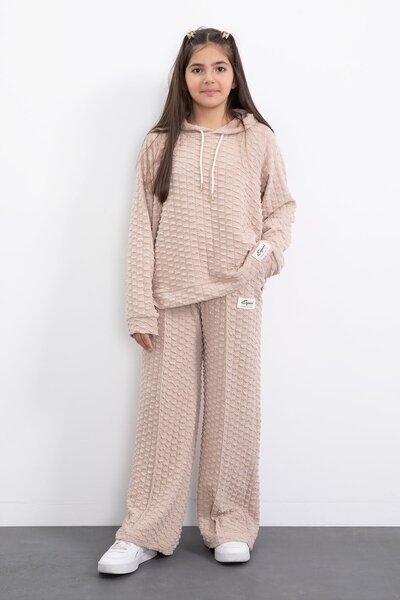 Cansın Mini Cream Girl's Textured Wide Leg Hooded Tracksuit Set 23303