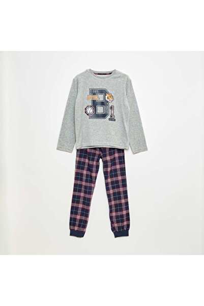 KİABİ طقم بيجامة طويل من قطعتين مصنوع من خامات مختلفة - تيشيرت + بنطلون أزرق