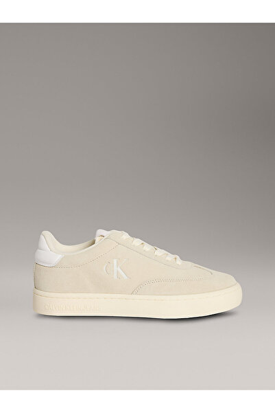Calvin Klein Kadın Deri Bağlamalı Düz Taban Yuvarlak Burun Ck Desenli Bej Sneaker YW0YW01767-AD6