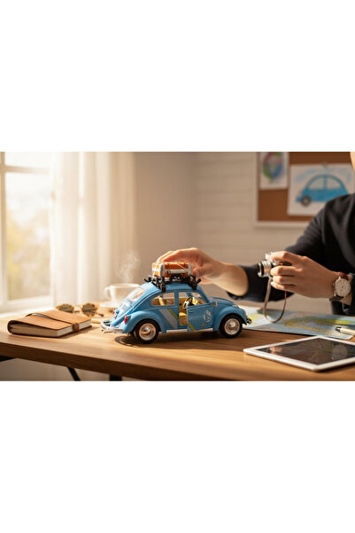 BuradaBuldun Classic Light and Sound Metal Car - Retro Beetle with Blue Suitcase - 15 cm
