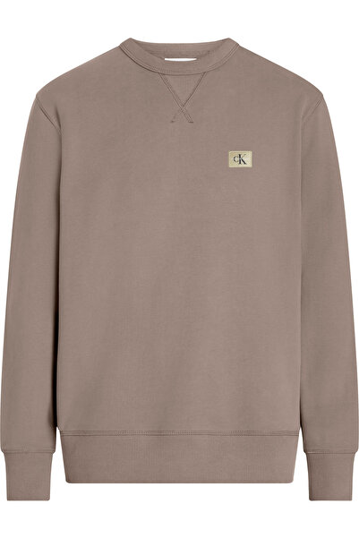 Calvin Klein Men Taupe Gray Cotton Woven Label Crew Neck Sweatshirt