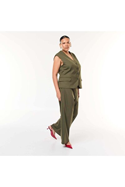 KİABİ بنطلون واسع الساق مع مشبك ذهبي كاكي