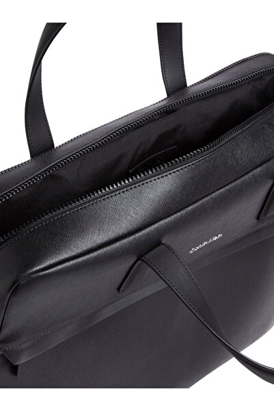 Calvin Klein Men's Textured Surface Metallic Logo Embossed Long Removable Strap Black Laptop & Briefcase Lv