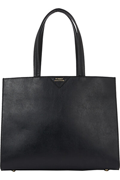 Tommy Hilfiger Women Black Leather Pushlock Leather Tote Bag
