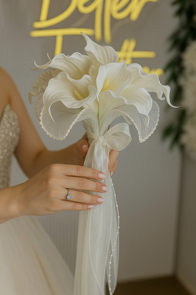 Diana Accessory Gala Gelin Buketi Gelin Çiçeği İnci ve Uzun Saten Kurdele Detaylı Damat Yaka Çiçeği Hediye