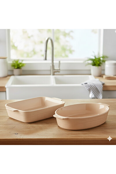 Mirolex Beige 2-piece ceramic oven tray set