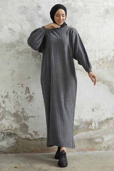 NEW DAĞ Women's Vertical Patterned Balloon Sleeve Knitwear Dress