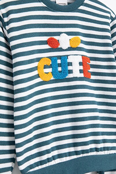 Cansın Mini Σετ αθλητικής φόρμας Indigo Boy's Cute Embroidered Striped Ş επένδυση fleece 23313