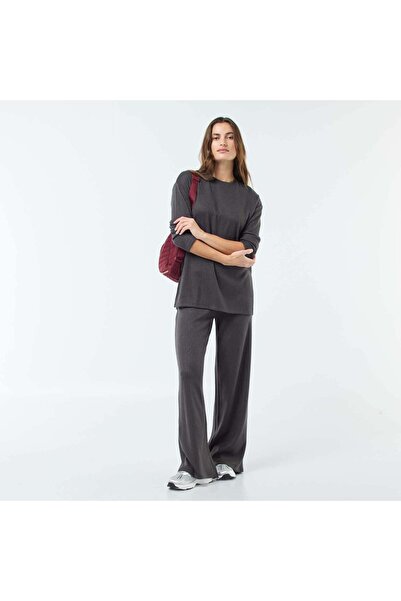 KİABİ High-Waisted Ribbed Wide-Leg Trousers GREY