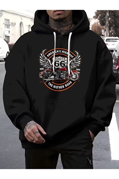 ship master Motocicletă Route 66 pentru bărbați cu imprimeu cu glugă Swea tricou - Model de iarnă în stil motociclist vintage