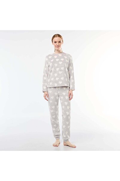 KİABİ بيجامة طويلة من القطيفة المحبوكة - طقم من قطعتين باللون الرمادي