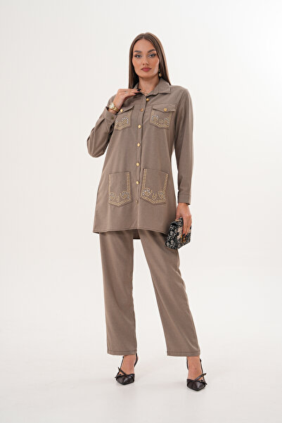 EL jadida Women's Stone Embellished Shirt Set